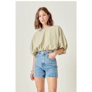 659 • Olive Green Gingham Blouse with Bubble Hem